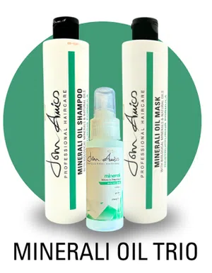 JULY 2026 PRODUCT COLLECTION OF THE MONTH!  Minerali oil trio includes Minerali Shampoo and Mask (300ml) plus a Minerali leave in treatment (2oz)